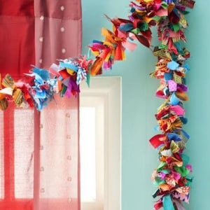 Recycled Handmade Colorful Sari Fabric Garland | Upcycled Indian Boho Rag Tie Banner  Festive Door Hanging | Eco-Friendly Wall Decor