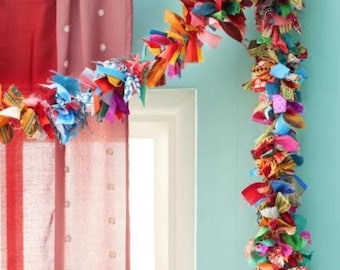 Recycled Handmade Colorful Sari Fabric Garland | Upcycled Indian Boho Rag Tie Banner  Festive Door Hanging | Eco-Friendly Wall Decor