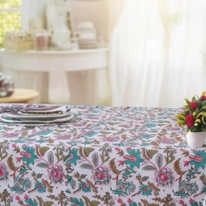 Cotton Floral Tablecloth, Indian Hand Block Printed Table Cover, Cotton Dining Table Cloth, Dinner Tablecloth, Gift for Her Mom Housewarming