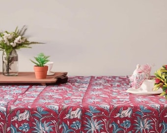 Red  Floral Tablecloth, Block Print Table Cover, Handmade Table Decor Linen, Dinning Tablecloth, Rectangle Table Cloth, Housewarming Gift
