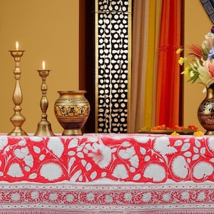 Red Christmas Floral Cotton Tablecloth, Block Printed Tablecloth, Boho Table Décor, Dinning Tablecloths Cover, Table top Decoration
