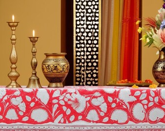 Red Christmas Floral Cotton Tablecloth, Block Printed Tablecloth, Boho Table Décor, Dinning Tablecloths Cover, Table top Decoration