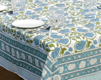 Beautiful Blue Floral Block Printed Tablecloth, New Cotton Table Cover, Handmade Table Linen, Dinning Tablecloth, Wedding Gift For Her