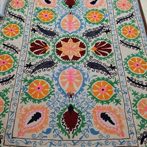 Color full Linen Suzani Hand Embroidered Wall Hanging  Cotton Embroidery Suzani Bed Spread Uzbek Suzani , Christmas Gift For Mom And Dad