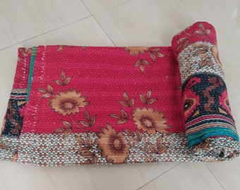 Unique Old Bohemian Indian Hand Stitched Antique Quilts, Vintage Handmade Cotton Sari Kantha Blankets, Handmade Bohemian Kantha Throw