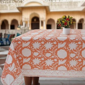 Oranje bloemenblok bedrukt tafelkleed, handgemaakt tafeldecor linnen, eetkamertafelkleed, rechthoek tafelkleed, huwelijkscadeau voor moeder