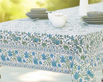 Blue Floral Block Printed tablecloth, Floral Cotton Table Cover, Table Cloth, French Tablecloth, Rectangle Table Cloth, New Table Linen Gift