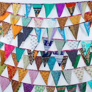 New Handmade Old Silk Sari Boho Garland Bunting Outdoor Indoor Patio Decoration, Handmade Multicolor Silk Sari  Garden Banner Flags