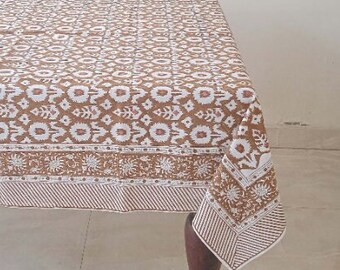 Ikat Brown Floral Tablecloth, Block Print Table Cover, Handmade Table Decor, Dinning Tablecloth, Rectangle Table Cloth, Housewarming Gift