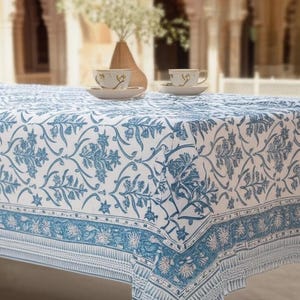 Indian Floral Block Print tablecloth, Floral Cotton Table Cover, Table Cloth Block Printed, Blue French Tablecloth, Rectangle Table Cloth