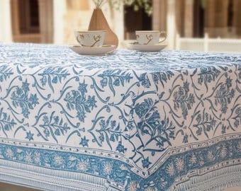 Indian Floral Block Print tablecloth, Floral Cotton Table Cover, Table Cloth Block Printed, Blue French Tablecloth, Rectangle Table Cloth