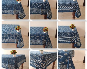 Indigo Dyed Blue Block Printed Pure Cotton Tablecloths Dining Wedding, Party Cotton Table Cover , Rectangle Table Cloth Gift