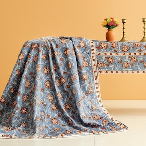 Cotton Blue Table Cover, Indian Block Printed Table Cloth, Boho Cotton Table Cloth, Dinning Table Décor Cloth Cover gift For Her