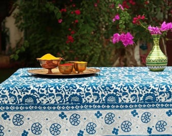 Dark Blue Floral Rectangular Cotton Tablecloth, Hand Block Printed Indian Table Cover, Bohemian Dining Room & Kitchen Table Linen