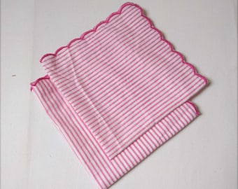 Pink Stiple Hand Block Print Napkin Set with emb scalloped edges ,  Block Printed Napkins Cotton Cloth Table Napkins, Kitchen Decor Napkins