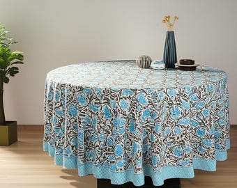 Indian Block Print Round Cotton Tablecloth, Blue Floral Table Cover, Summer Bohemian Dining Decor