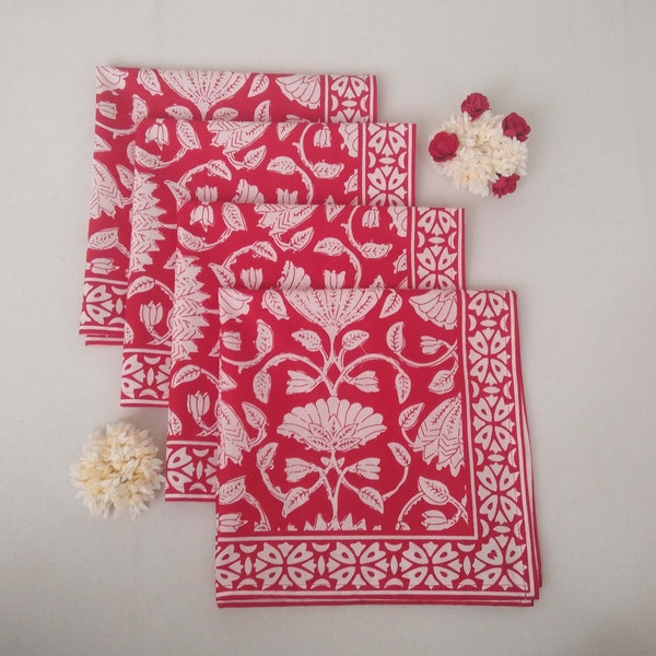 Ensemble de serviettes de table rouge, bloc de main imprimé, serviettes en tissu de coton, serviettes de table déco cuisine, serviettes de table indien bloc d'impression