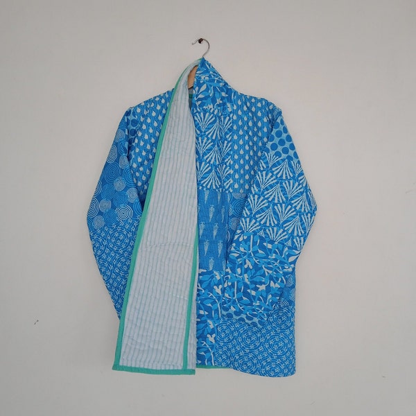 Indian Blue Block Print Kantha Jacket, Vintage Kantha Jacket, Women Winter Kantha Jacket, Ladies Kantha Coat, Reversible Kantha Jacket