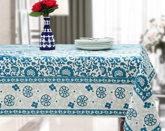Indigo Blue Tablecloth, Block Printed Tablecloth, Indian Table Linen, Floral Dinning Tablecloth ,Tabletop Decoration, Rectangle Tablecloth