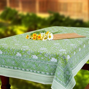 Hand Block Printed Cotton Tablecloth | Saga Green Floral Dining Table Cover | Bohemian Indian Farmhouse  Eco-Friendly Handmade Gift