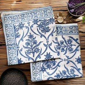 Beautiful Blue Floral Block Print Napkins Set - Set of 4 Floral Cloth Napkins - Boho Chic Kitchen Decor-Farmhouse Table Decor