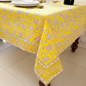 New Yellow Floral Block Printed Tablecloth, New Cotton Table Cover, Handmade Table Linen, Dinning Tablecloth, Wedding Gift For Her
