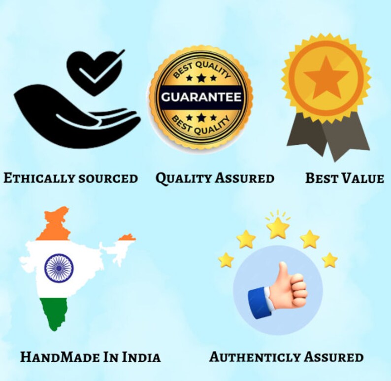 May include: A graphic with six icons representing ethical sourcing, quality assurance, best value, handmade in India, authentically assured, and a guarantee. The icons are in a circle around a light blue background.