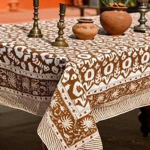 Handblock bedruckte Baumwolltischdecke | Rustikale Brown Floral Esstisch Abdeckung | Boho Indisches Bauernhaus Umweltfreundliches handgemachtes Geschenk