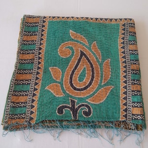 Green New Kantha Baby Quilts, Indian Antique Kantha Handmade Kantha Quilts, Bohemian Kantha Blankets, Twin Size Sari Kantha Coverlets gift