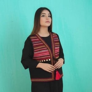 Jaqueta Suzani preta, jaqueta clássica bordada à mão, colete de algodão Suzani, jaqueta feita à mão, roupa feminina, presente para ela