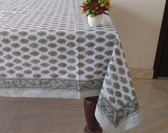 New Dark Green Floral Tablecloth,Indian  Block Print Table Cover, Handmade Table Decor , Dinning Tablecloth, Rectangle Table Cloth