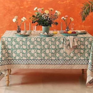 Green Floral Rectangular Cotton Tablecloth, Hand Block Printed Indian Table Cover, Bohemian Dining Room & Kitchen Table Linen