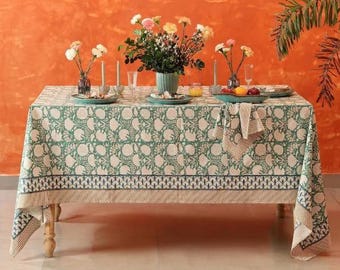 Grüne rechteckige Baumwolltischdecke, Handblock gedruckte indische Tischdecke, Boho Esszimmer- und Küchentischwäsche