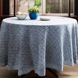Mantel de algodón floral azul nuevo, redondo, con estampado a mano, estilo bohemio veraniego para comedor.