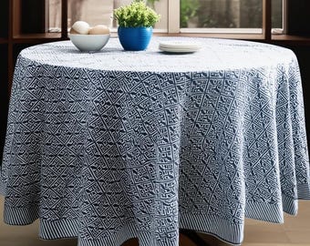 Nuova tovaglia in cotone con stampa floreale blu, tovaglia rotonda con stampa a blocchi, biancheria da pranzo estiva in stile boho.