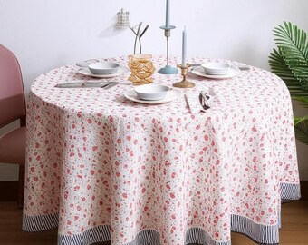 Tovaglia rotonda stampata con fragole, tovaglia rotonda con stampa a blocchi indiani, tovaglia rotonda in lino, tovaglia da pranzo, tovaglia in cotone fatta a mano