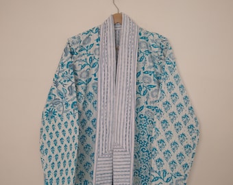 Light Blue Hand Block Print Cotton  Kantha Jacket, Women Wear Indian Antique Reversible Kantha Short Jacket, Gift For Her