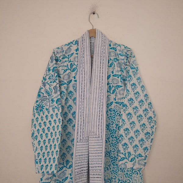 Light Blue Hand Block Print Cotton  Kantha Jacket, Women Wear Indian Antique Reversible Kantha Short Jacket, Gift For Her
