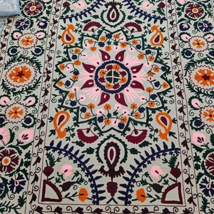 Vintage Linen Suzani Hand Embroidered Wall Hanging  Cotton Embroidery Suzani Bed Spread Uzbek Suzani , Christmas Gift For Mom And Dad