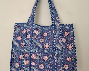 Hand Block Gedruckt Gesteppte Baumwolle Einkaufstasche | Große indische Jhola Schultertasche | Umweltfreundliche Reise- und Einkaufstasche | Handgemachte Tasche für Frauen