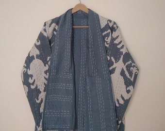Cotton Hand Block Print Kantha Jacket, Beautiful Handmade Women Coat Jacket, Real Fine Stitched Kantha Reversible Jacket