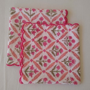 Pink Floral Embroidery Napkins, Indian Floral Hand Block Printed Cotton Cloth Napkins for Wedding Home Decor Outdoor Set of 4