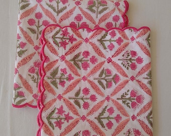 Pink Floral Embroidery Napkins, Indian Floral Hand Block Printed Cotton Cloth Napkins for Wedding Home Decor Outdoor Set of 4
