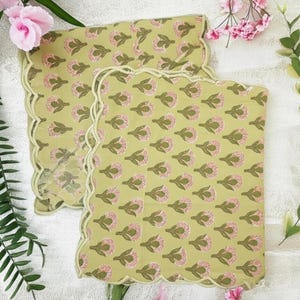 Light Moss Green, Coral Pink Indian Floral Hand block Printed Cotton Hand Block Print Napkin Set With Emb - Scalloped Edges Napkins