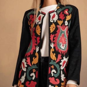 Black Long Embroidered Floral Summer Robe Jacket High Quality Summer Jacket, Suzani coat, Womens Suzani jacket , Handmade embroidery coat