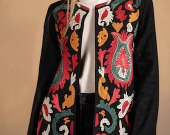 Black Long Embroidered Floral Summer Robe Jacket High Quality Summer Jacket, Suzani coat, Womens Suzani jacket , Handmade embroidery coat