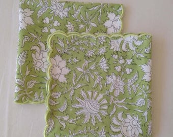 Saga Green Floral Block Print Dinner Napkins with Scalloped Edges , Cotton Fabric Kitchen Decor Napkins, Housewarming Gift For Mom