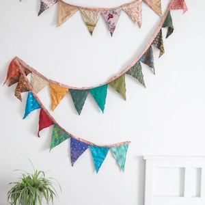 Handmade Colorful Sari Garland | Indian Silk Bunting Flags | Rainbow Party Decor | Upcycled Boho Banner | Wedding & Garden Hanging Decor