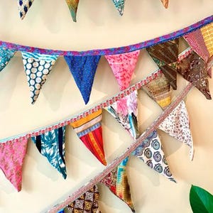 2 Pcs Recycled bunting, sari flags. Unusual bunting, handmade bunting, eco unique bunting, garden decoration, gardeners gift, summer bunting