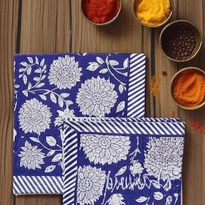 Set di tovaglioli con stampa a blocchi blu, tovaglioli stampati a mano, tovaglioli in tessuto di cotone, tovaglioli per decorazioni da cucina, tovaglioli con stampa a blocchi indiani